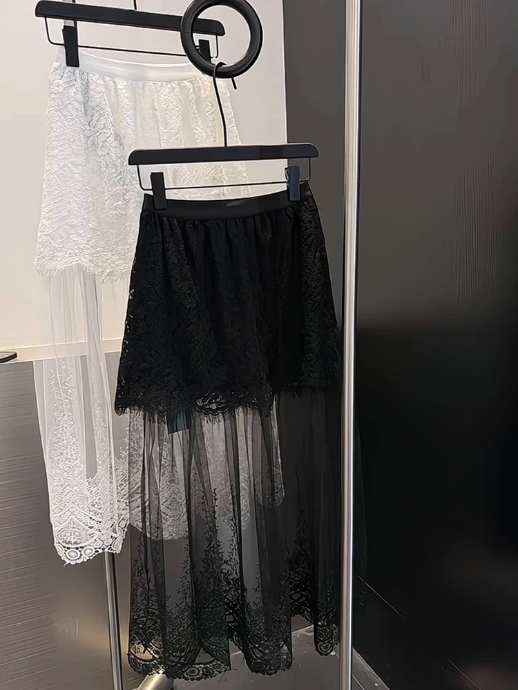 High end temperament explosion street age reducing lace patchwork skirt for women 2025 summer new French style long skirt