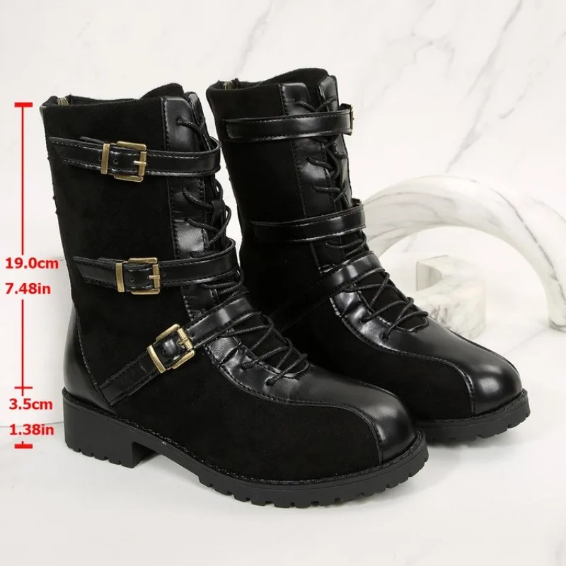 

Autumn Winter Vintage Woman Knight Knee High Boots Shoes Ladies Elegant Thick Low Heel Belt Buckle Western Cowboy Botas 42 43