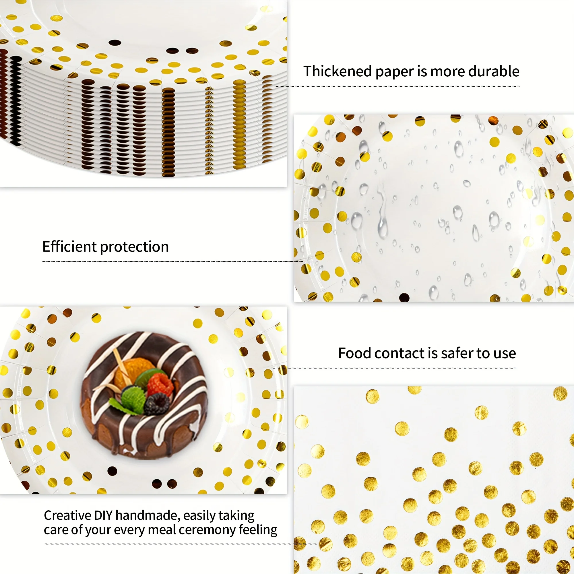 60-teiliges weiß-goldenes Party-Geschirrset mit goldenen Folien-Punktmuster-Papptellern, -bechern und -servietten für Hochzeiten, Geburtstage und Jubiläen. – Detail 5