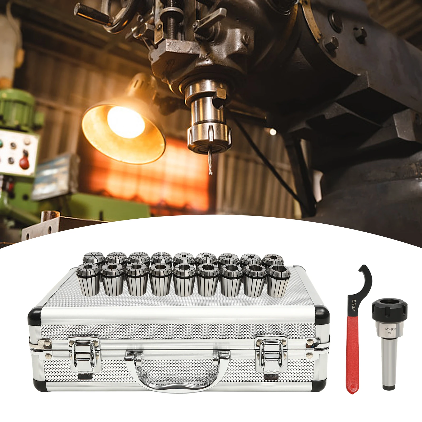 MT3 ER32 Milling Machine Collet Chuck Set 18Pcs Spanner with Box Aluminum Alloy Spring Steel