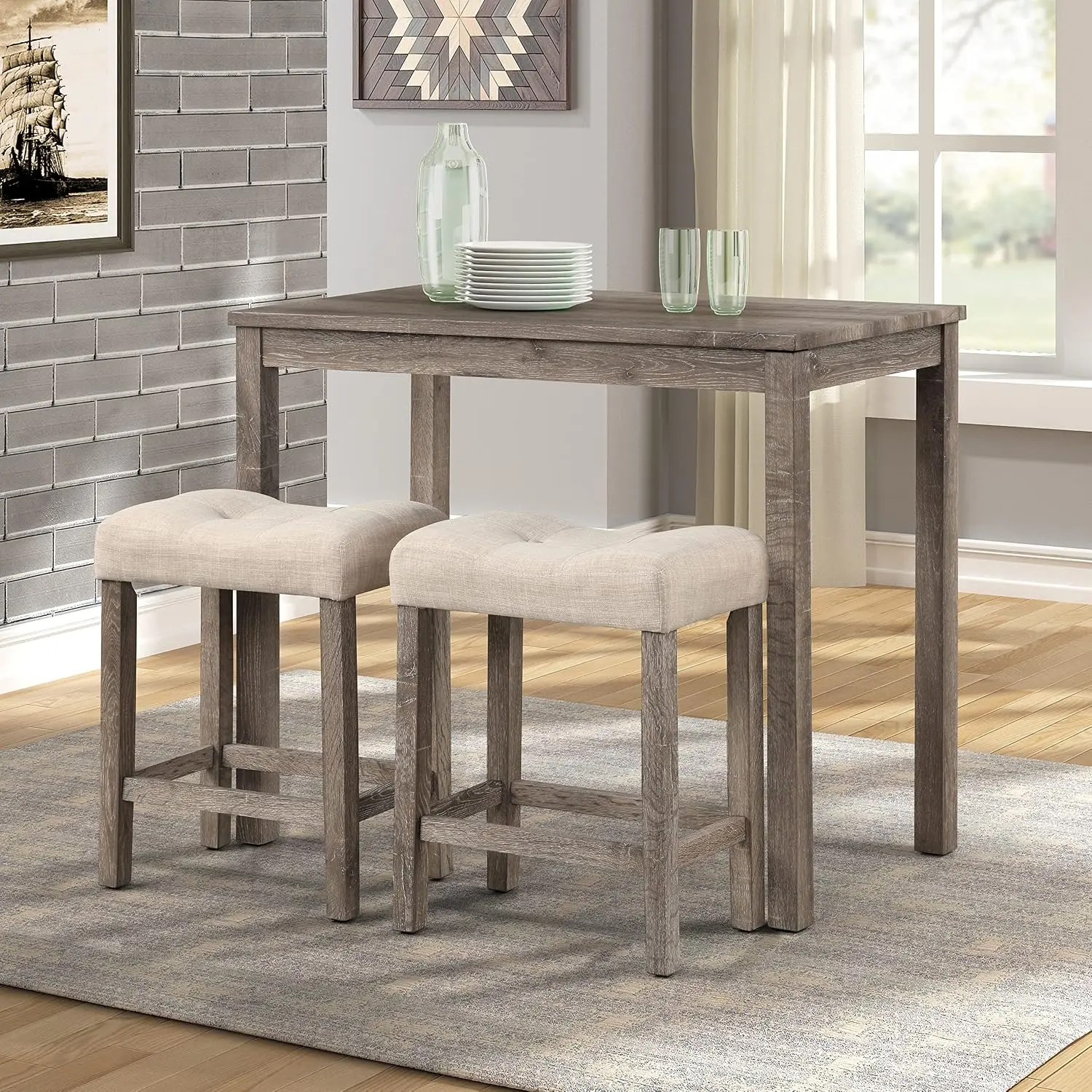 Sora Button Tufted Counter Height Saddle Stools, Set of 2, Taupe