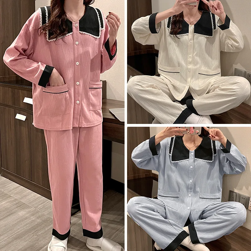 

Cotton Button Pocket Homewear Doll Collar Striped Sleepwear 2Pcs Bow Cotton Nightwear Sleep Suit Loungewear Splicing Pajamas Set