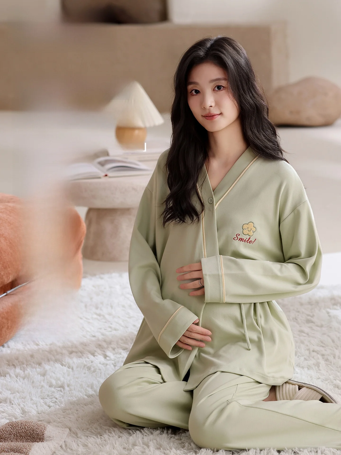 breathable-pure-cotton-summer-thin-maternity-sleepwear-nursing-home-clothes-women's-leisure-suit-cotton-v-neck-long-sleeve