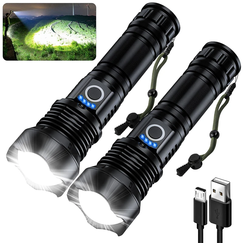 1~2 Pack Rechargeable Flashlight 100000 High Lumen Waterproof LED Flashlight for Emergencies High Powered Flashlight with 5 Mode