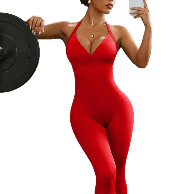

Solid V Neck Halter Backless Jumpsuit Woman Slim Sleeveless Yoga Sport Fitness Jumpsuits Women Workout Gym Clothes