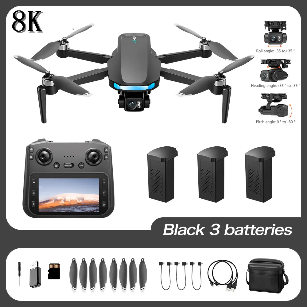 หน้าจอ GPS Drone 8K Professional HD กล้อง EIS พร้อมหน้าจอ 3 แกน Anti-Shake Gimbal Brushless Drones RC Quadcopter Dron ของเล่น GIF