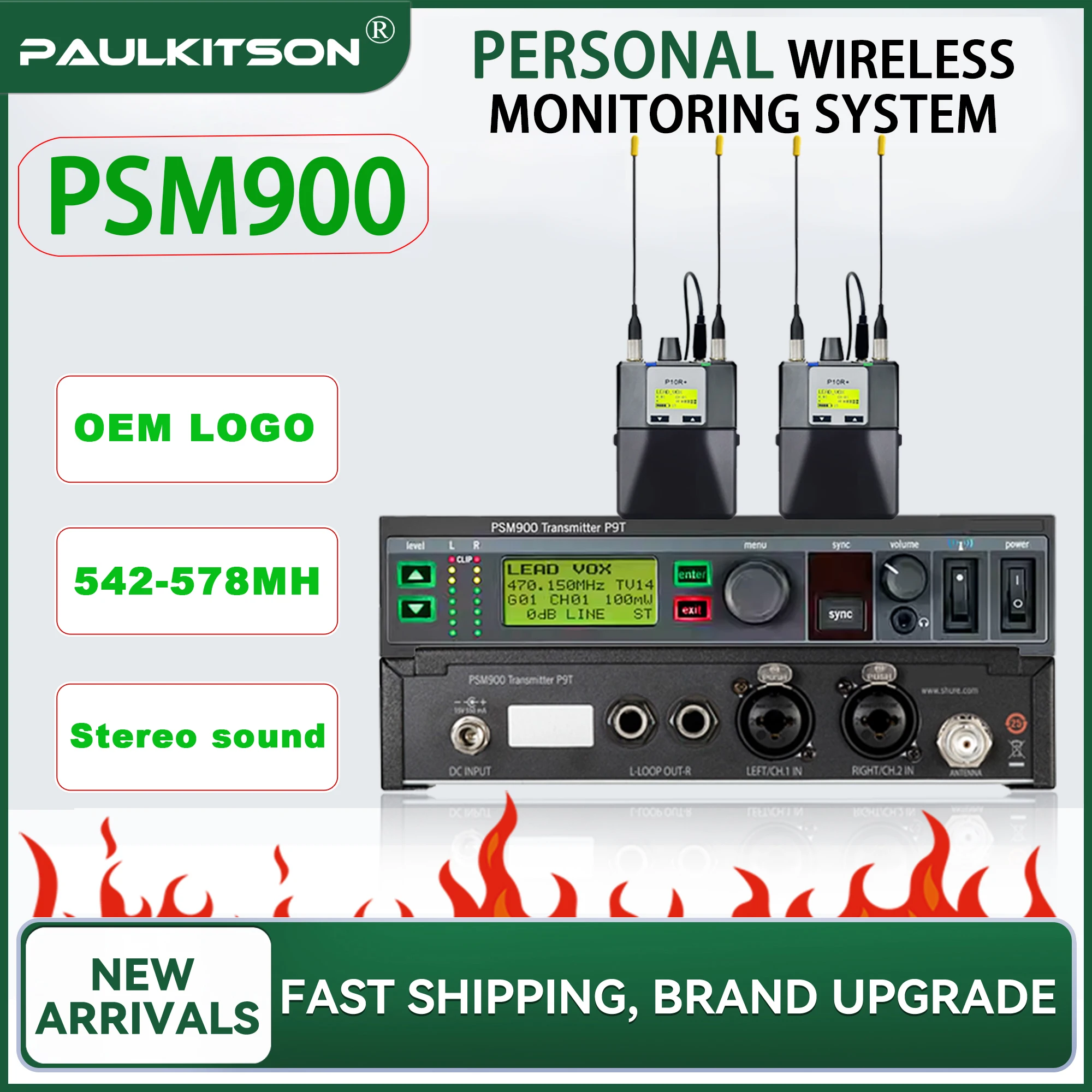 Paulkitson PSM900 Drahtloses In-Ear-Monitoring-System 542-578MHz, geringe Latenz, Stereo-Sound, IEM, klarer Klang für Band-Bühnen-Live-Shows
