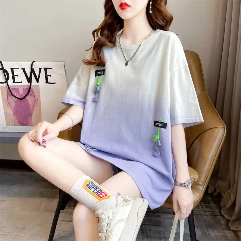 2023 Summer Korean Version Loose Casual Oversize Belly Covering Mid Length Heavy Duty Tie Dyed Round Neck Short Sleeved T-shirt