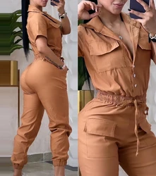 Jumpsuit Women Casual Turn-down Collar Short Sleeve Pocket Design Cuffed Cargo Jumpsuits 2024 Summer Fashion Overalls Streetwear