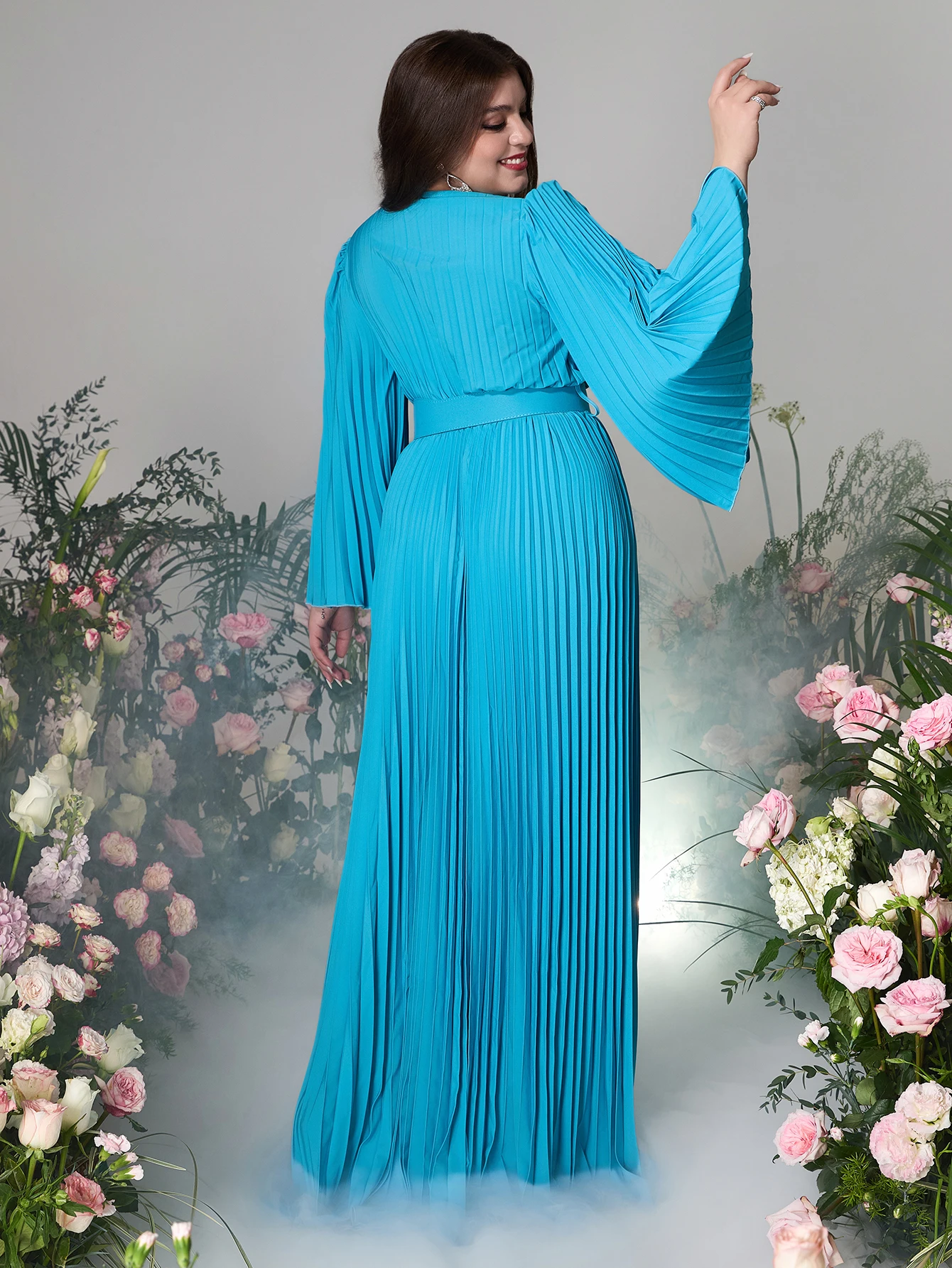 Plus Size Pleated Dress for Women Long Sleeve V-Neck Party Evening Dress Solid Color Elegant Fashionable Maxi Dresses 2024 New