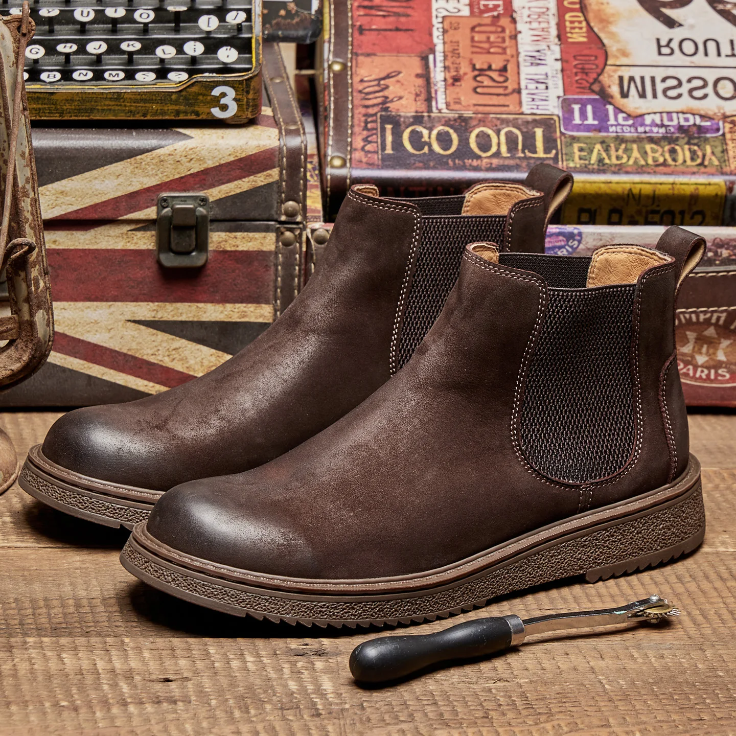 

Осенние мужские ботинки из натуральной кожи «Челси» Lazy One-Step ort Boots Casual Mid-Cut oes Briti Sle с круглым носком Rubb...