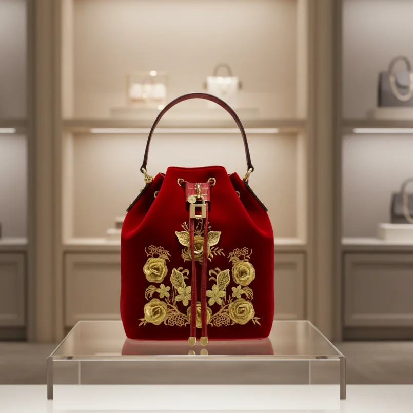 

Fashion Women's Bag Gold Thread Embroidery Three Dimensional Flowers Handbag for Girls Soft Designer Ladies Bucket Bag Luxury