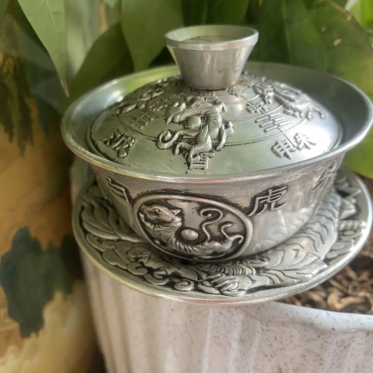 Copper silverware silver-plated four divine beasts relief tea cup set