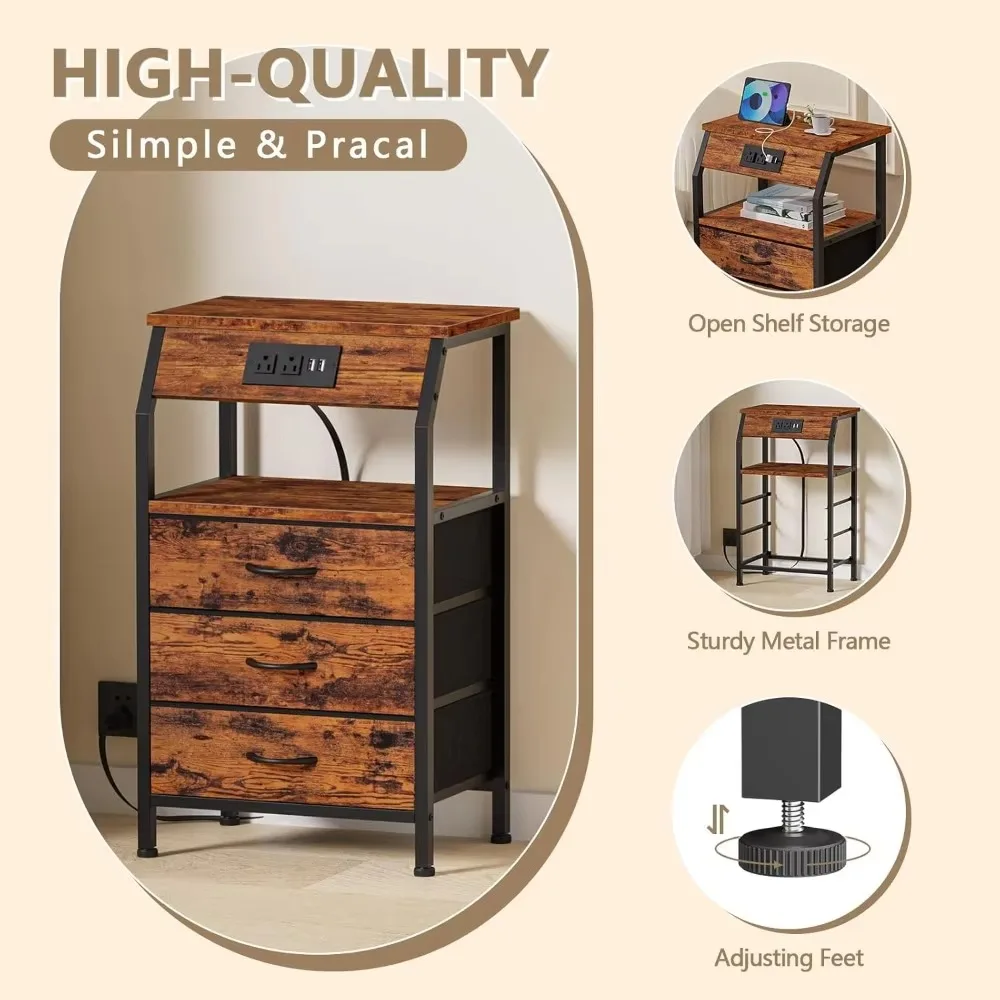 High bedside table with charging station, 3-drawer dresser with storage shelves, wardrobe cloth end table, bedside furniture