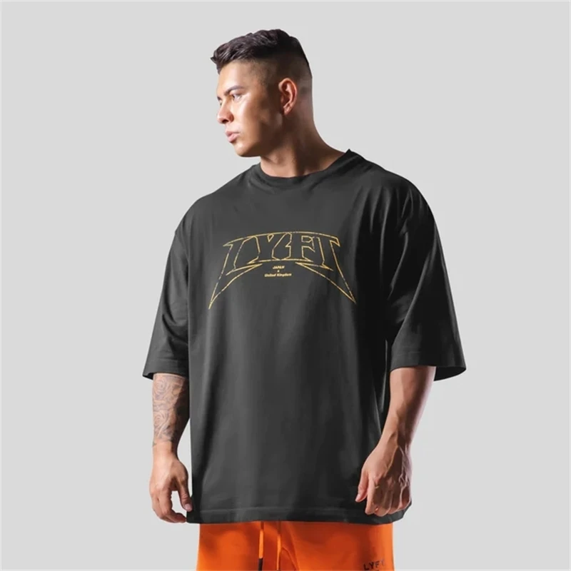LYFT Oversized Training Men's T-Shirt Design Letters Print T Shirts For Men Loose Fashion Sport Street Casual ClothesTees Tops