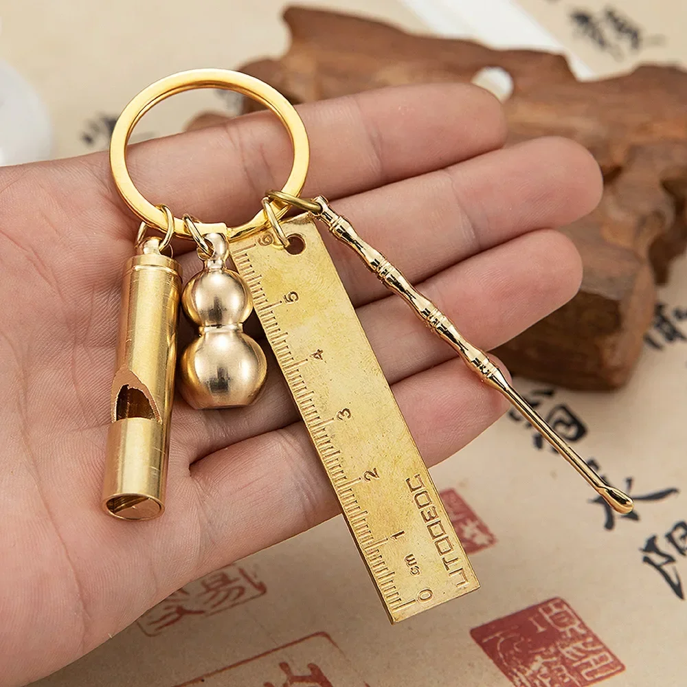 Creative three-in-one Brass Ruler Keychains Flat Gourd  Tide Whistle Ear spoon Set Pendant Keychain Charms