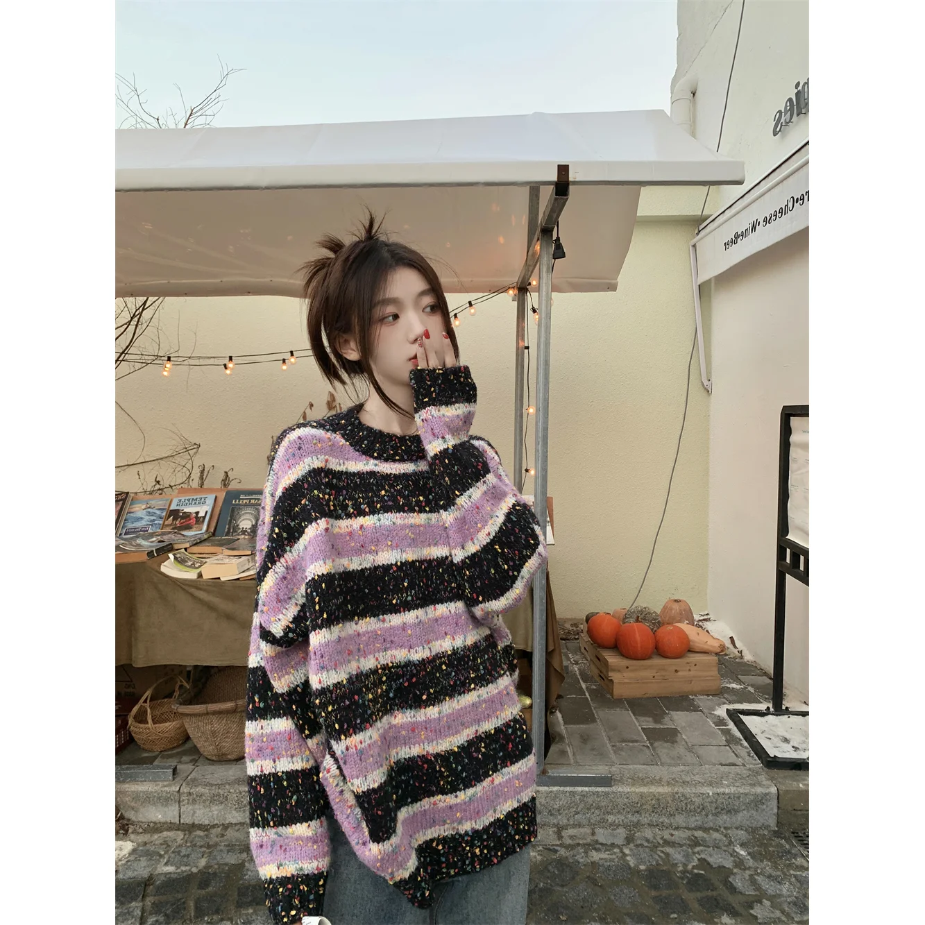 Sweet O-Neck Casual Color Striped Sweaters Female Clothing 2023 Autumn Winter Oversized All-match Pullovers Korean Tops