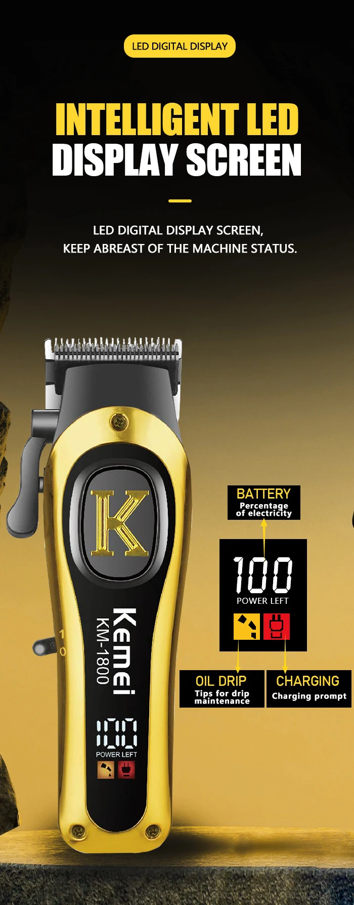 Kemei KM-1800 USB Schnellaufladbare Haarschneidemaschine 1200mA Wiederaufladbare Kabellose Haarschneidemaschine Kemei Elektrischer Haarschneider – Detail 4