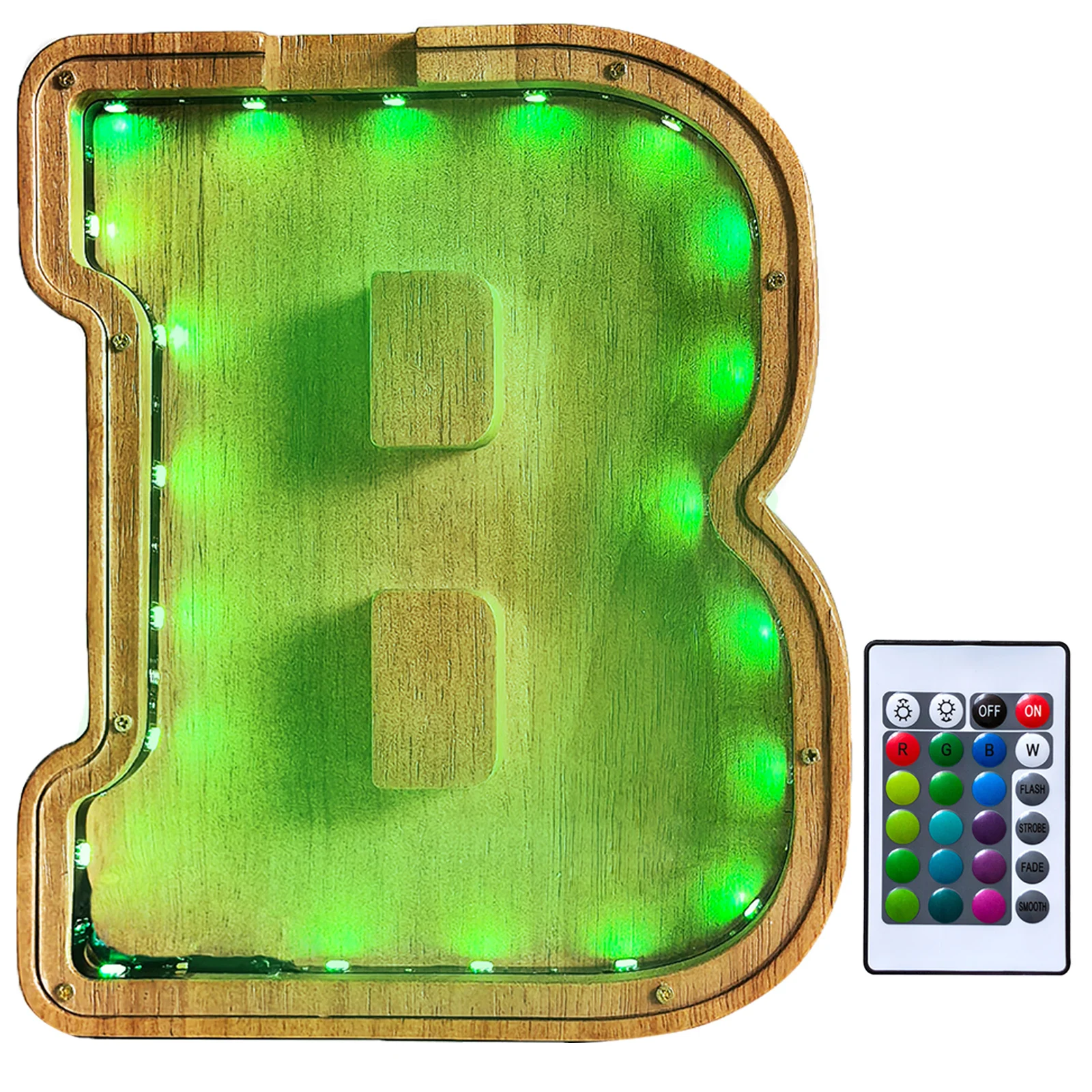 Alcancía con letras de madera con luz LED