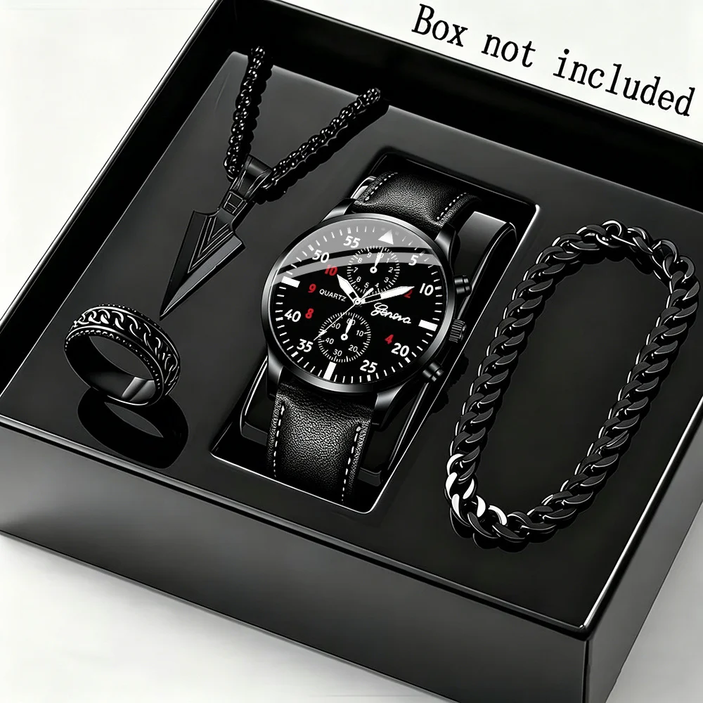 4pcs Men'S And Women'S Quartz Watch Set, & Fashion Accessory Set, Necklace, Bracelet And Ring Suitable for Daily Wear
