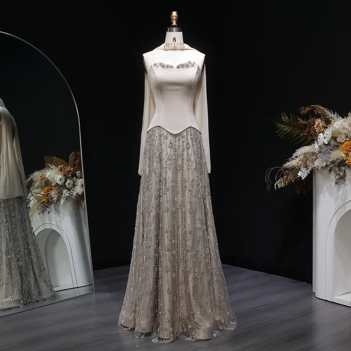 Sharon Said Arabisches Champagner-Perlen-Perlenbesetztes A-Linien-Abendkleid Schulterfrei mit Schal Damen Hochzeitsfeierkleid SS627 Maßanfertigung – Detail 13