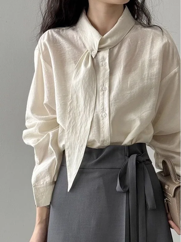 

Korean Sle Long Sve irt Women's Autumn Design Scarf Collar Loose Commute Faion Small irt Button Plaet Splicing O...