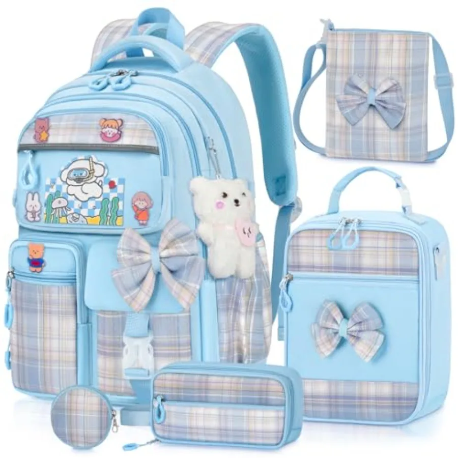 

Girls Backpack with Lunch Box Set 5pc Cute Kawaii Bookbag for Teens Aesthetic School Backpack for Elementary
