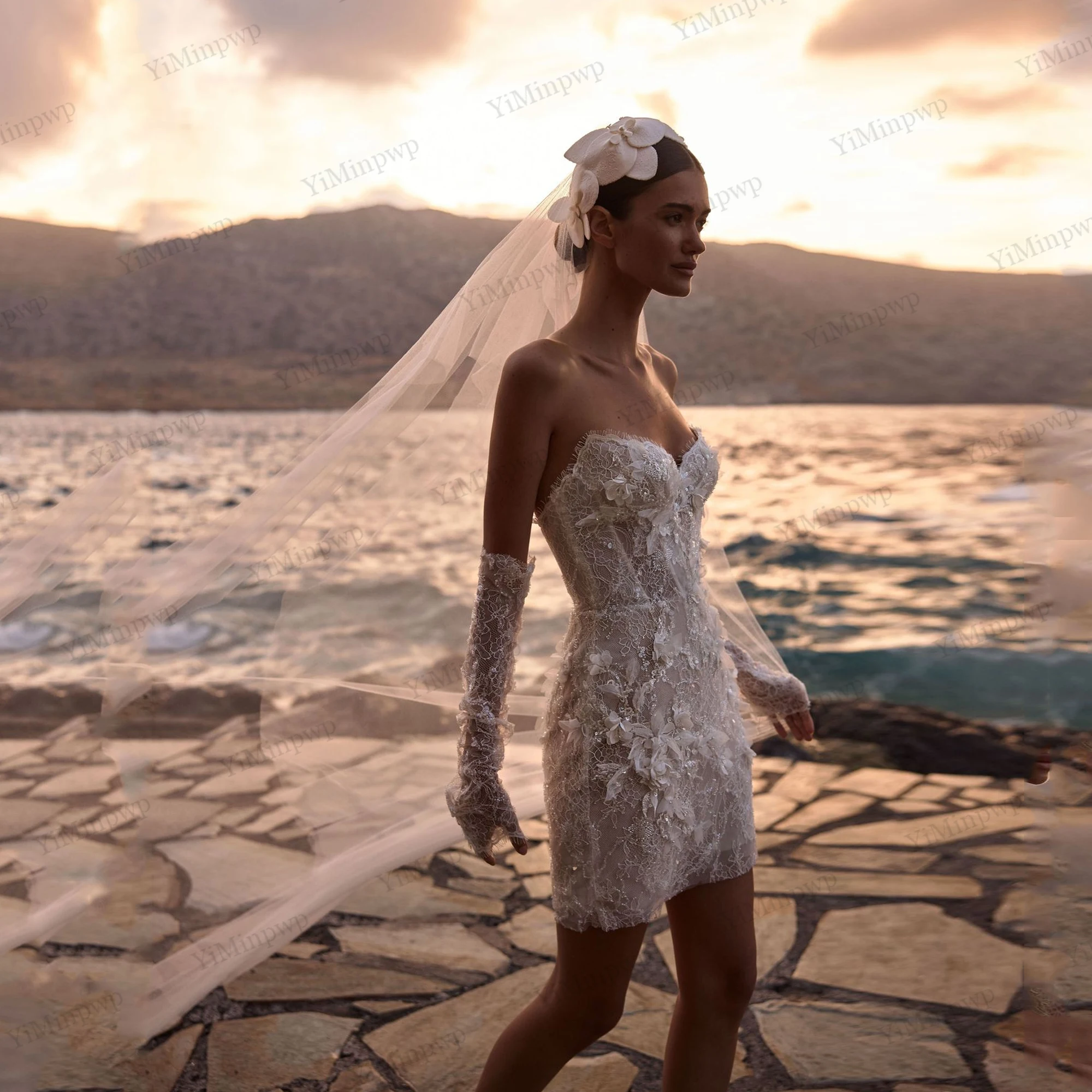 

Flowers Beach Wedding Dresses Shiny Detachable Sleeve Mini Applique Bride Gowns Zipper Back Sequin Beaded Party Gowns Customized