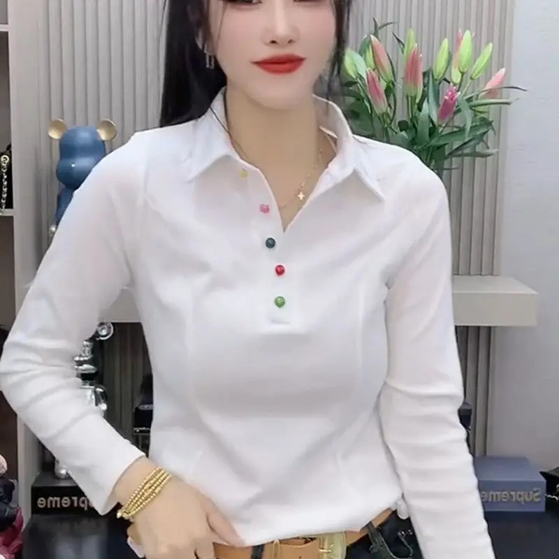 New Spliced Color Button Polo Collar T-shirt for Women's Fashion Age Reducing and Stylish Versatile Long Sleeved Top