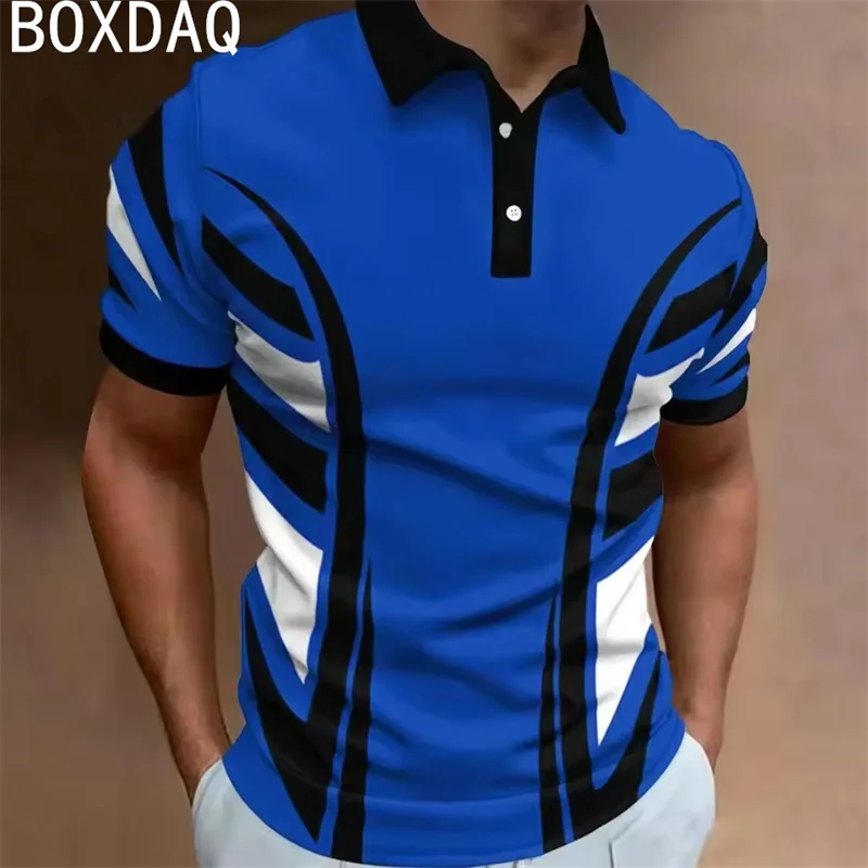 Fashion Men Polo Shirt Summer Big Size Men's Casual Short Sleeve Lapel Golf Wear Sport Polos 3D Striped Geometric Printed Polos
