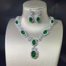 Exquisite Emerald Crystal S925 Silver Wedding Necklace Earring Inlaid Sparkling AAA Zircon for Women Engagement Jewelry Sets