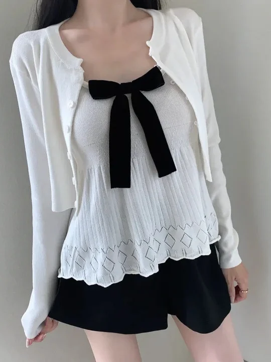 

Korean Sle Long Sve Knitted Cardigan Women's Sweet Youth Reducing Knot Inner Wear Set Top for Young Girls