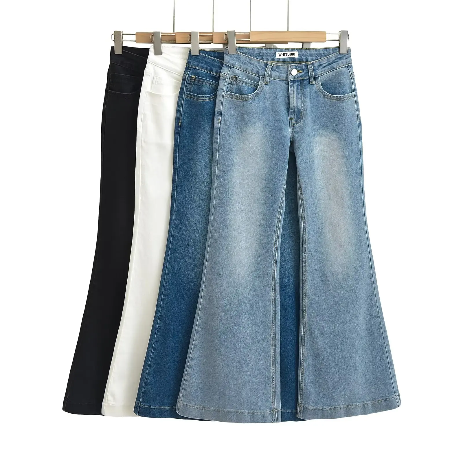 

Street Style Low Waist Denim Flared Pants Highlight Waistline Slimming Wide Leg Trousers Hip Lifting Trendy Blogger Jeans