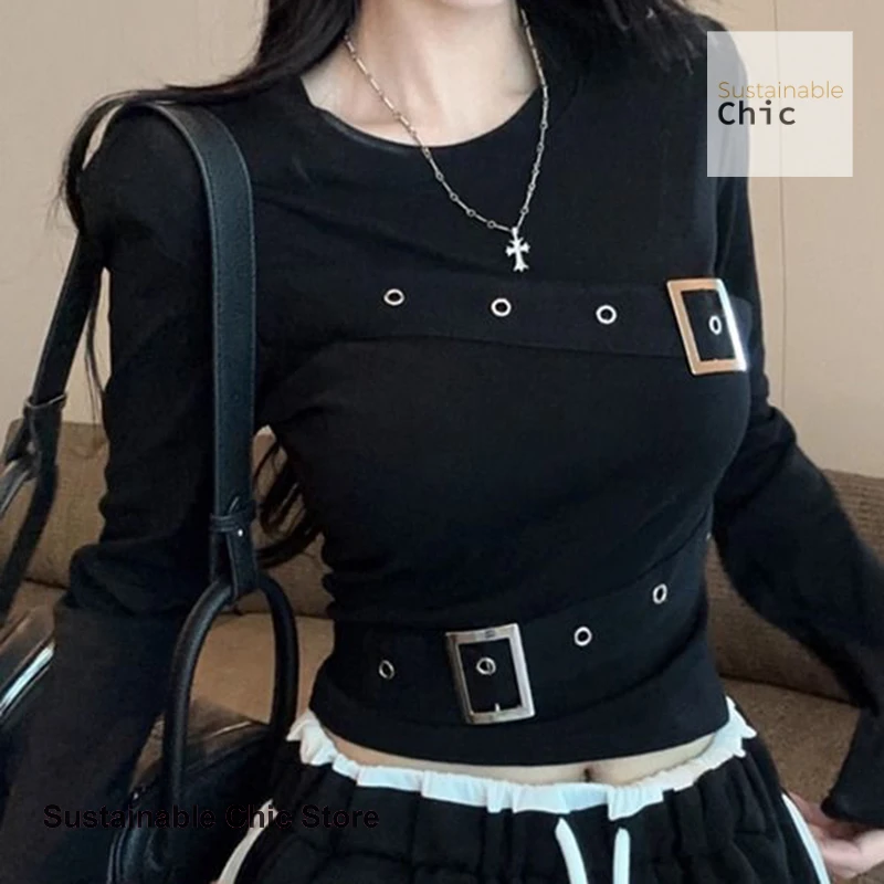 American spice girl round neck black bottoming shirt Joker long sleeve T-shirt women's spring and autumn new slim short top