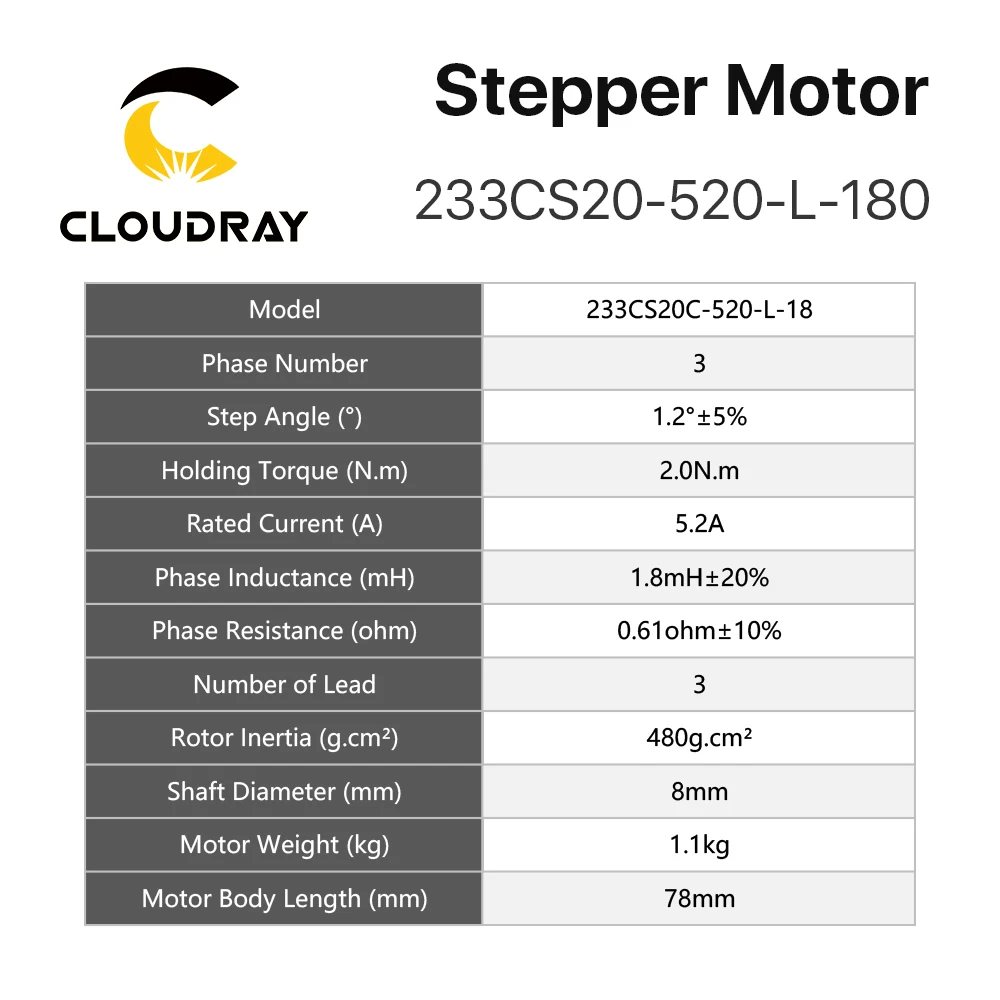 Cloudray Nema 23 Stepper Motor 3 Phase 2.0N.m 5.2A with GEAR 1.8m Cable for CNC Router Engraving Milling Machine