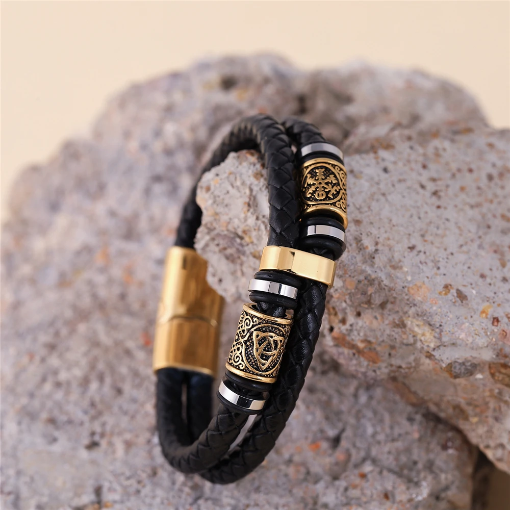 Punk masculino vikings estilo pulseira de couro genuíno trançado multicamadas aço inoxidável runas nórdicas grânulo pulseiras casal jóias presente