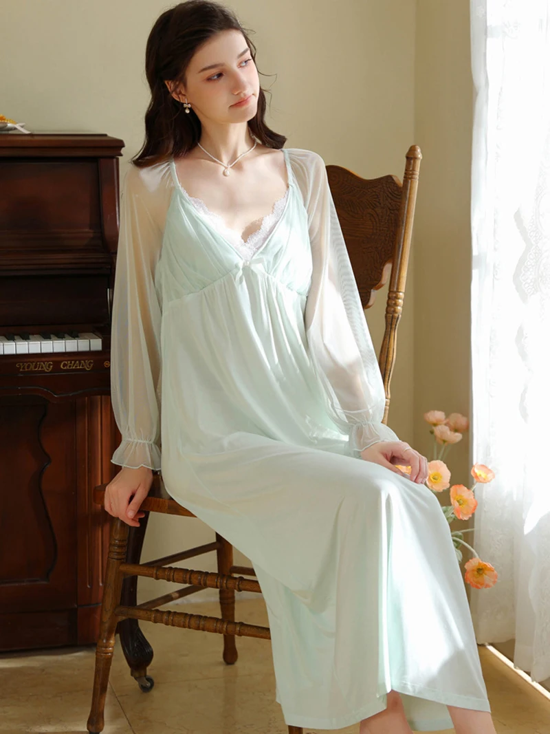 Women Ladies Fairy Ruffles Silk Princess Nightgown Summer French Sweet Vintage Princess Mesh Long Sleeve Nightwear Sleepwear 3