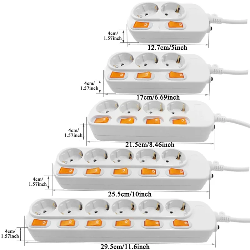 Power Strip EU Plug Extension Socket 16A 250V 3/4/5/6Ways Outlet Surge Protector 1.5Meter Cord