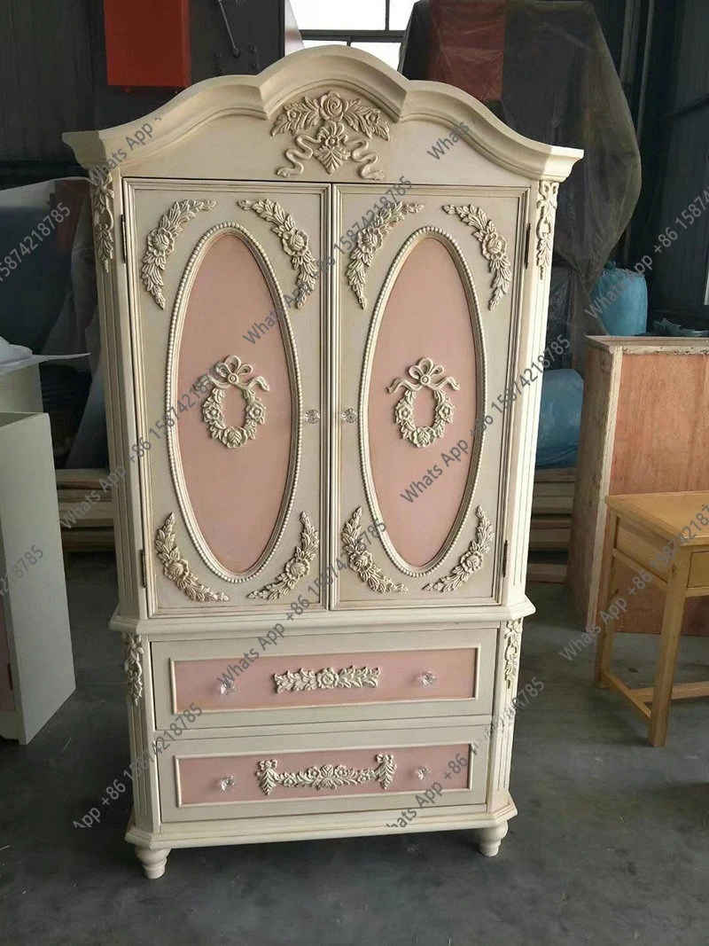 

French retro solid wood carving flower kitchen European children princess pink bedroom locker American double door wardrobe