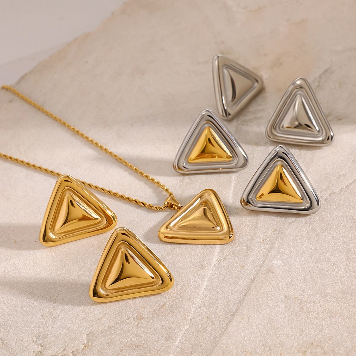 Jewelryposter New Cute Colorblocked Chubby Triangle Shiny Glossy Earrings Necklace 18K Gold Plated Stainless Steel Waterproof