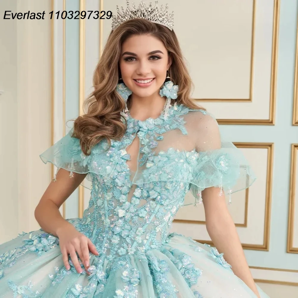 EVLAST Customized Champagne Mint Quinceanera Dress Ball Gown Lace Applique Beading Mexican Corset Sweet 16 Vestidos De 15 TQD843