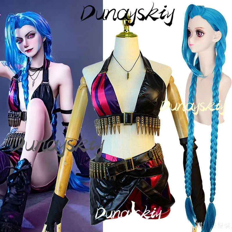 Jinx Cosplay Costume Wig Full Sets Anime Game League of Legends Halloween Party Outfits for Girls Women Costume Customized