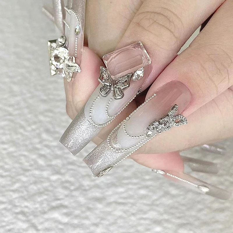 10 pçs diy decoração da arte do prego 3d prata borboleta brilhante strass brocas de unhas para manicure design acessório