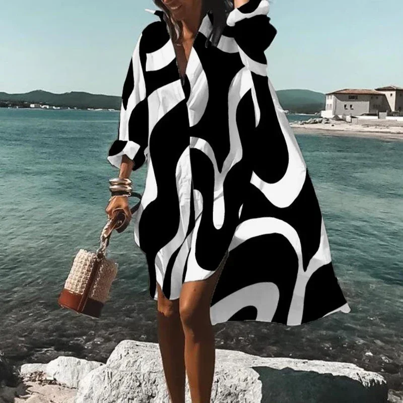Autumn Summer Fashion Women\'s New Shirts Dress Casual Printed Lapel Long Sleeve Buttons Irregular Dress Beach Sexy Party Dresses