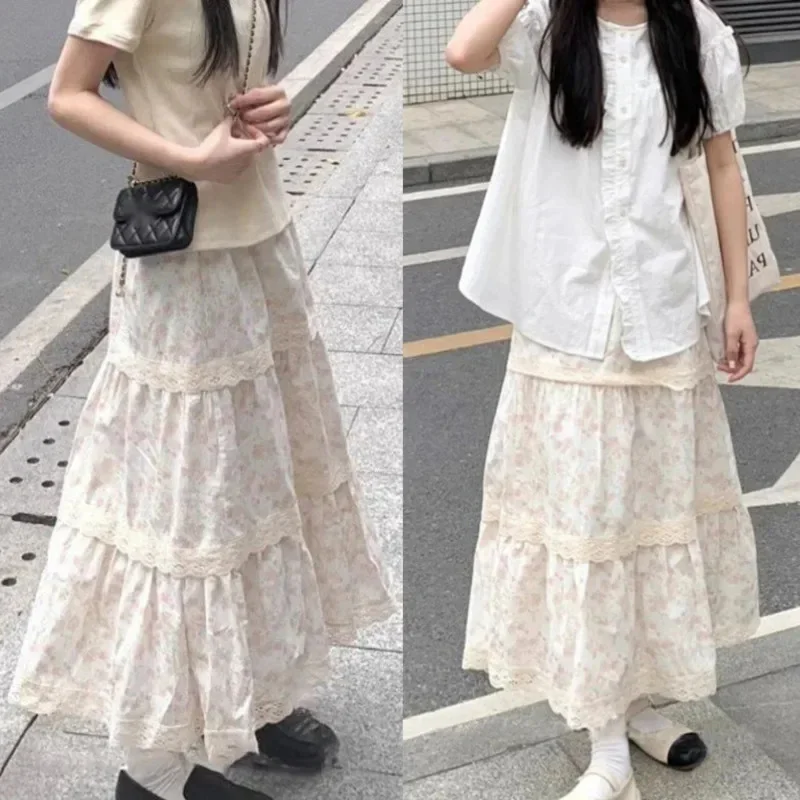 Cake Floral Skirt Lace Dress Girl 2024 Japan Korea Kawaii Sweet Wrinkl Lace A-line Skirt High Street Waist Mid Length Dress New