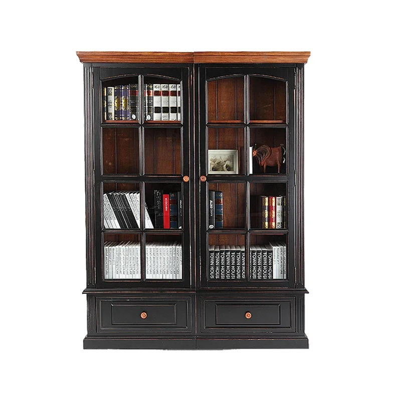 American rural solid wood bookcase Mediterranean, free combination storage glass door bookcase