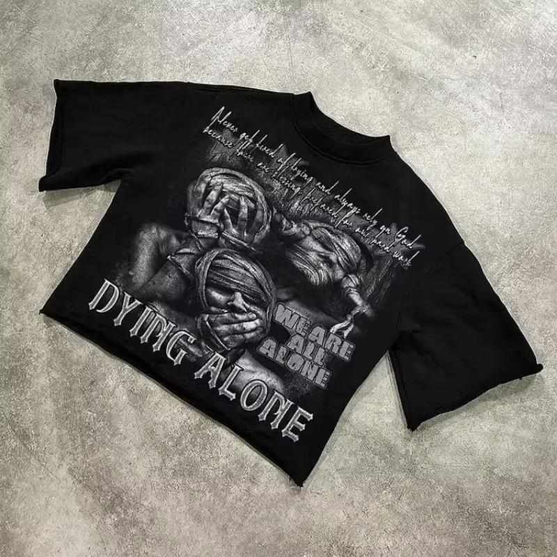 We Are All Alone Abstract Human Face Graphics Printed Cotton T-Shirt Men Y2K Short Sleeves Oversize
