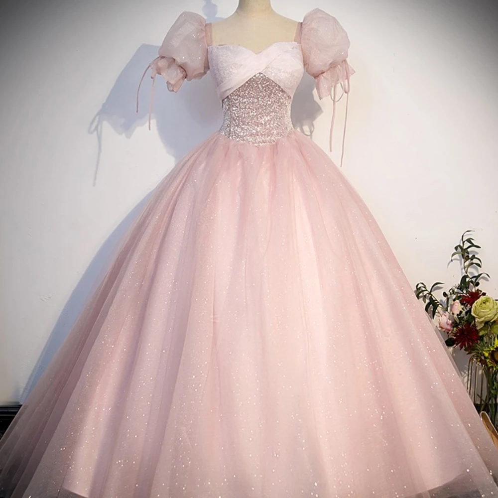 

Pink Quinceanera Dresses Sweet Puff Sleeve Party Dress Classic Sweetheart Ball Gown Blingbling Prom Dress Real Photo For Girls