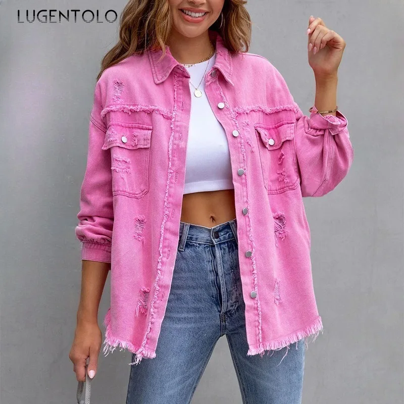 

Women Denim Coat Multicolor Midi Lapel Ripped Long Sleeve Jacket Splicing Pockets Fashion High Street Loose Cardigan Clothing