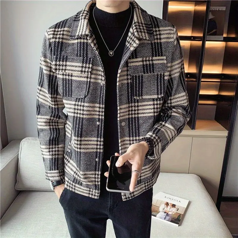 

Vintage Fashion Plaid Coats Men's Clothing Turn-down Collar Autumn Winter New Casual Pockets Spliced Long Sleeve Korean Jackets